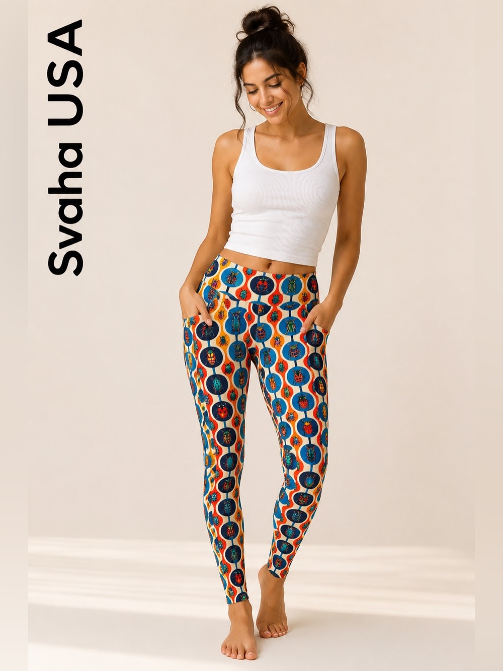 Svaha Bug Print Leggings Colorful Retro Beetle Pattern Womens Size XS